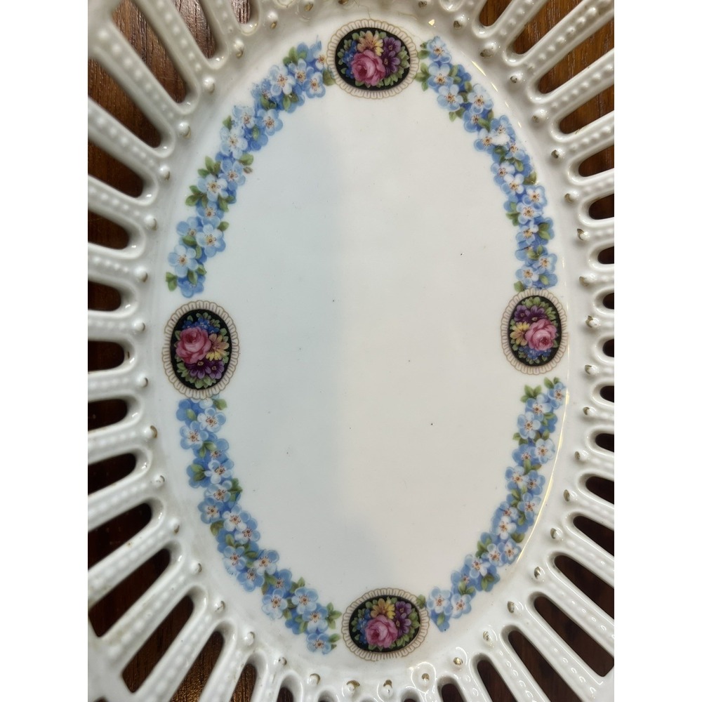 Antique Dresden Franziska Hirsch Bowl Hand Painted Floral Reticulated Basket - Picture 5 of 7